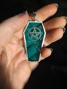 Coffin Pendant Necklace with Pentagram - Teal Green Glass